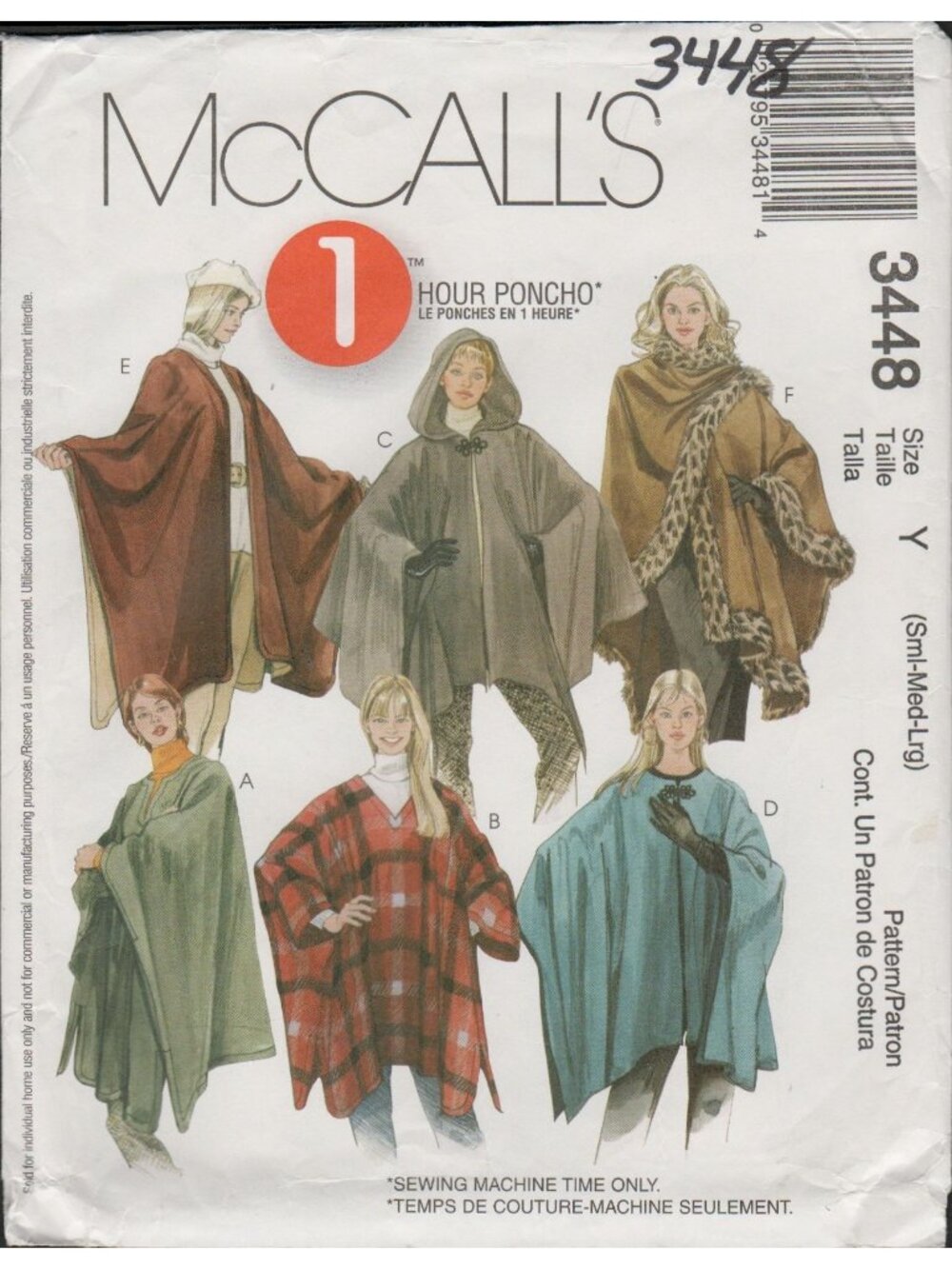 McCall's 3448 1 Hour Easy Cozy Poncho Cape Shawl Pattern Misses Size 8-18 Uncut